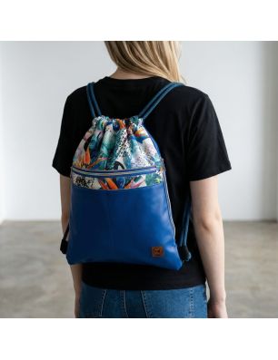 Szycie z pasją|Worko-Plecak Niebieski z Motywem Dżungli – Handmade z Ukrytą Kieszenią na Zamek|Worko-plecaki z ukrytą kieszonką|SZYCIE Z PASJĄ