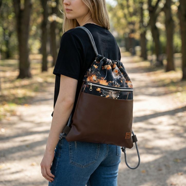 Worko-Plecak Brązowy z Motywem Dmuchawców – Handmade z Ukrytą Kieszenią na Zamek