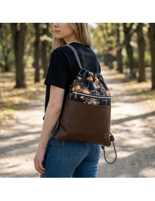 Szycie z pasją|Worko-Plecak Brązowy z Motywem Dmuchawców – Handmade z Ukrytą Kieszenią na Zamek|Worko-plecaki z ukrytą kieszonką|SZYCIE Z PASJĄ