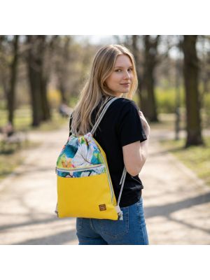 Worko-Plecak Żółty z Motywem Piórek – Handmade z Ukrytą Kieszenią na Zamek