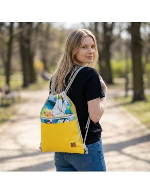 Worko-Plecak Żółty z Motywem Piórek – Handmade z Ukrytą Kieszenią na Zamek