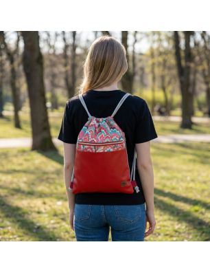 Worko-Plecak Czerwony z Motywem Fal – Handmade z Ukrytą Kieszenią na Zamek