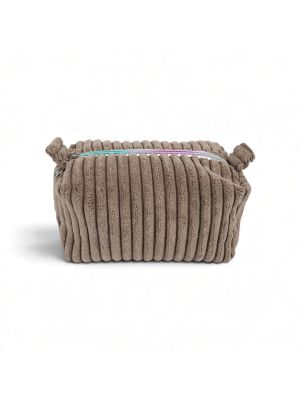 Kosmetyczka Lumi Mini w kolorze taupe z widocznym prążkowanym sztruksem i tęczowym zamkiem