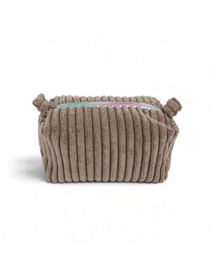 Kosmetyczka Lumi Mini w kolorze taupe z widocznym prążkowanym sztruksem i tęczowym zamkiem