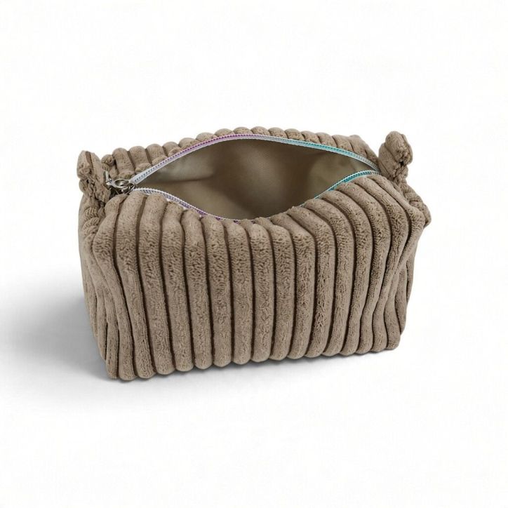 Kosmetyczka sztruksowa Lumi Mini taupe z tęczowym zamkiem