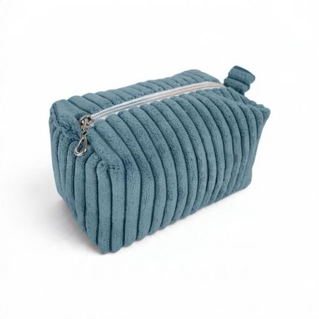 Niebieskoszara kosmetyczka Lumi Mini z zamkiem i bocznymi materiałowymi pętelkami.