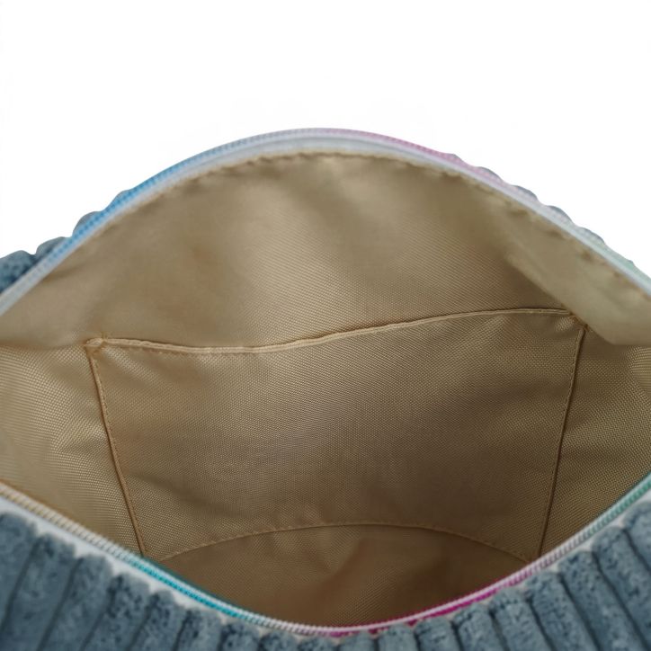 Kosmetyczka sztruksowa Lumi Midi niebieskoszara z tęczowym zamkiem Kosmetyczka sztruksowa Lumi Midi niebieskoszara z tęczowym zamkiem